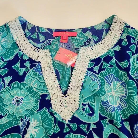 Lilly Pulitzer Renato Sequined Tunic Top Agate Green Mint to Be Floral Tropical - Picture 5 of 13
